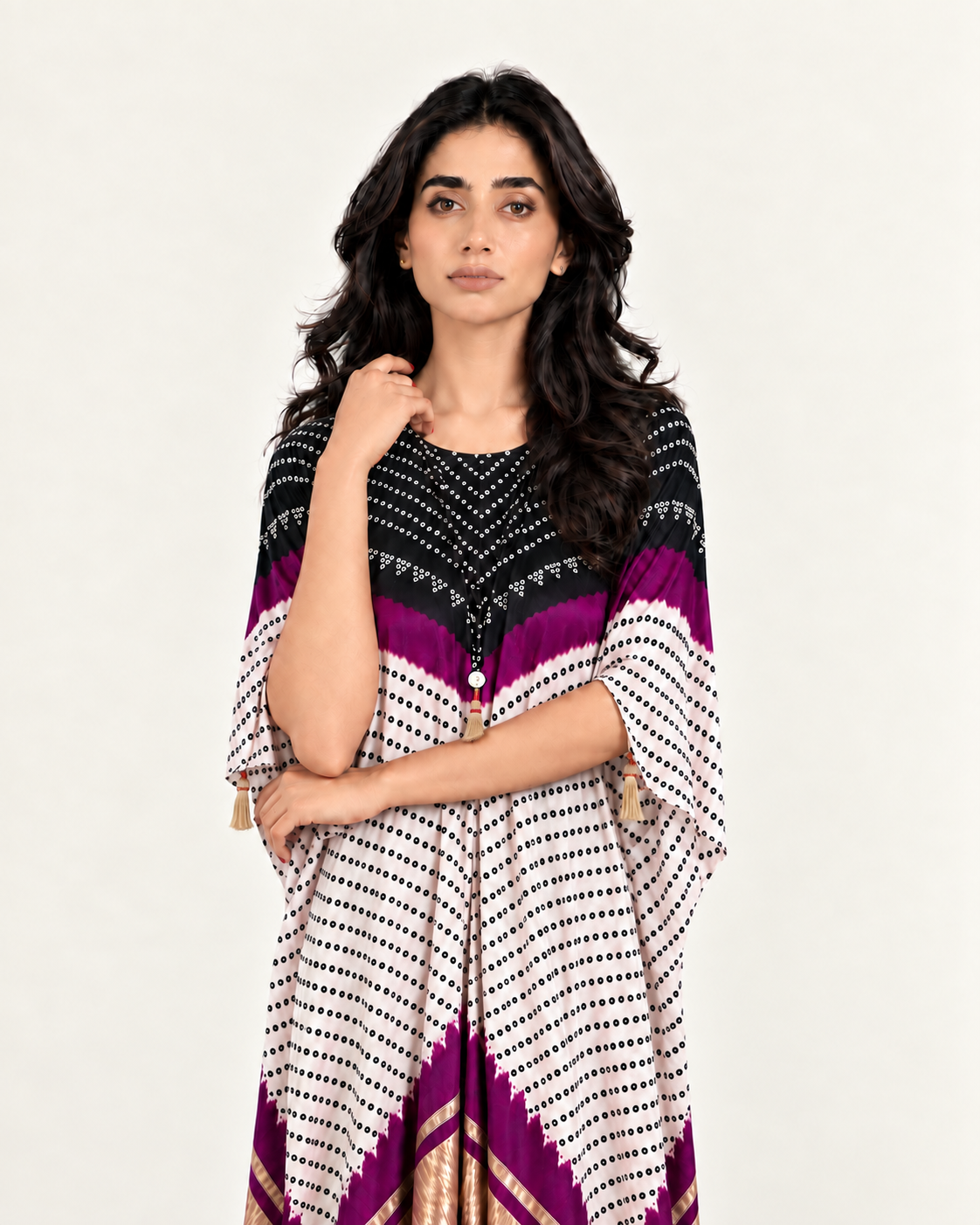 Kaftan Bandhej - Black / Purple / Ivory Base