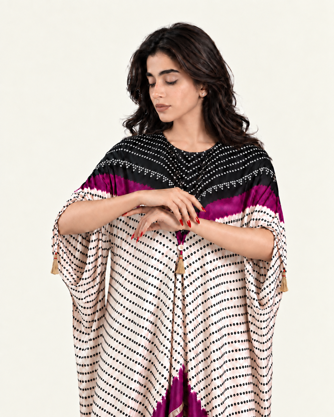 Kaftan Bandhej - Black / Purple / Ivory Base