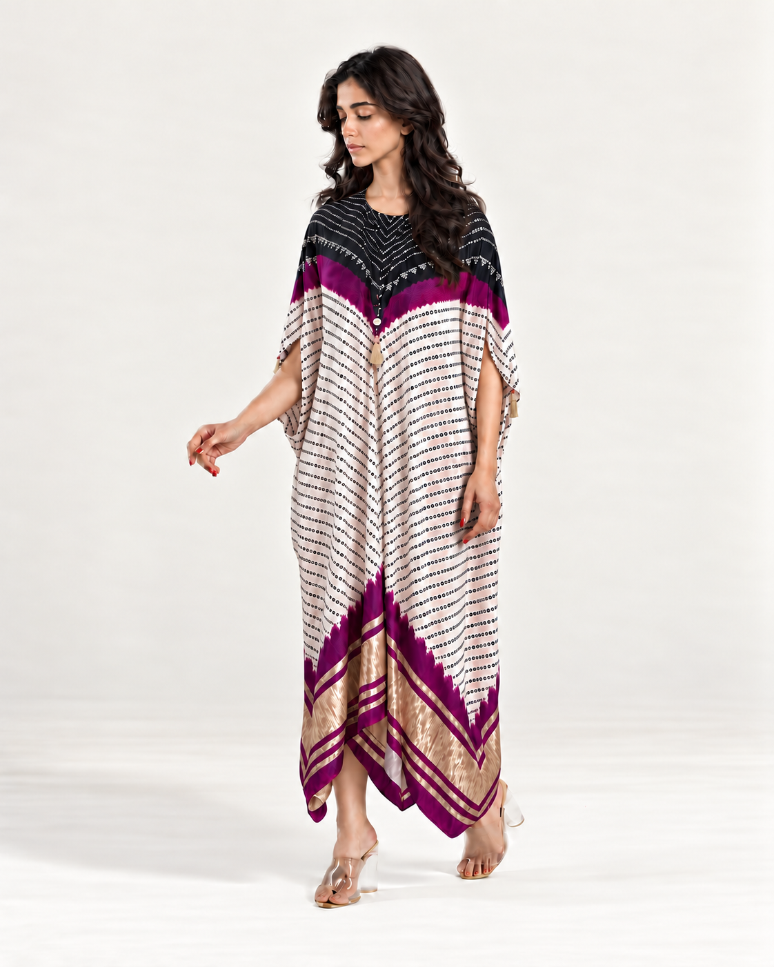 Kaftan Bandhej - Black / Purple / Ivory Base