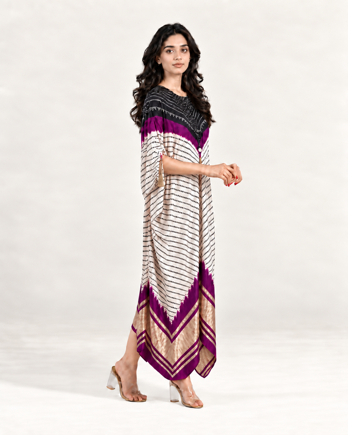 Kaftan Bandhej - Black / Purple / Ivory Base