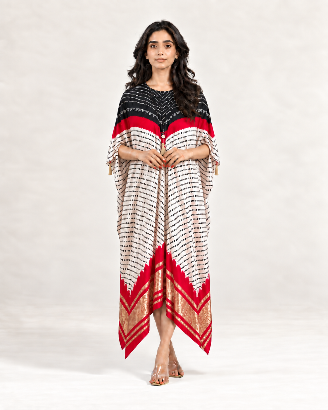 Kaftan Bandhej - Black / Red / Ivory Base