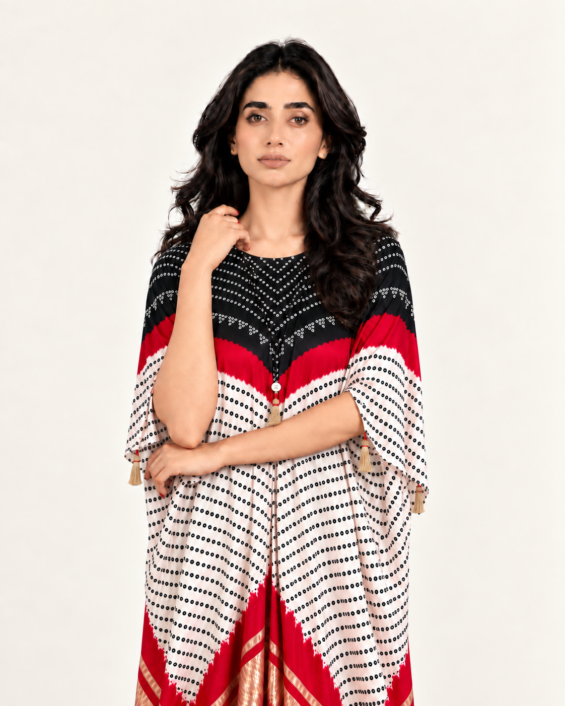 Kaftan Bandhej - Black / Red / Ivory Base