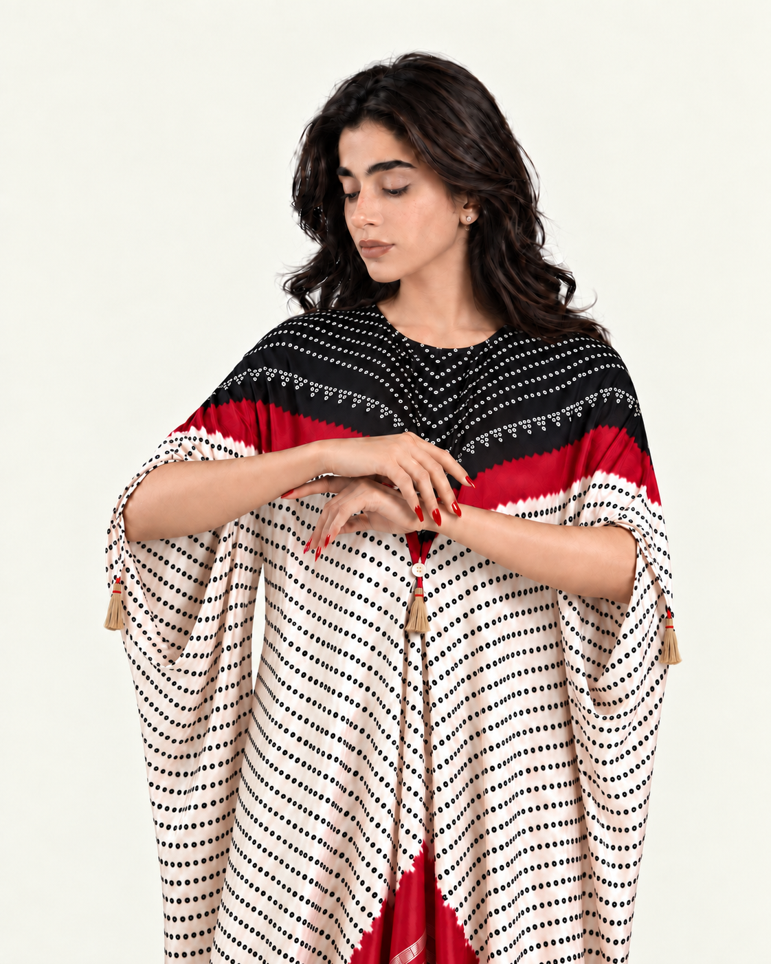 Kaftan Bandhej - Black / Red / Ivory Base