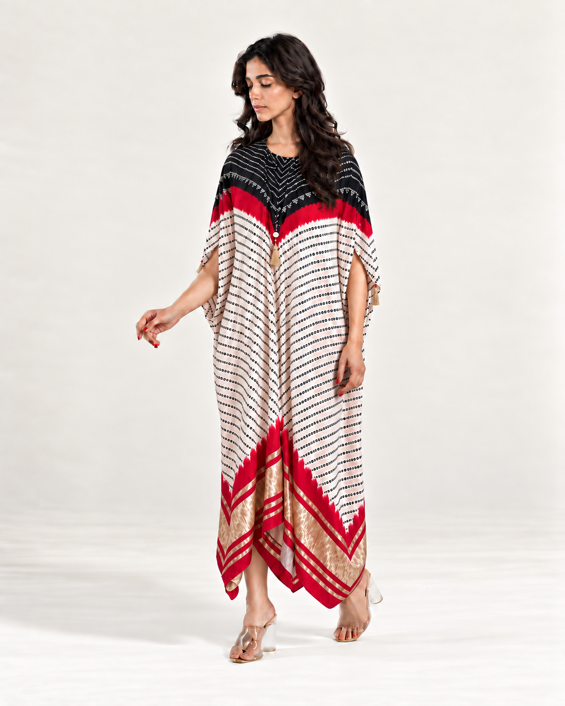 Kaftan Bandhej - Black / Red / Ivory Base