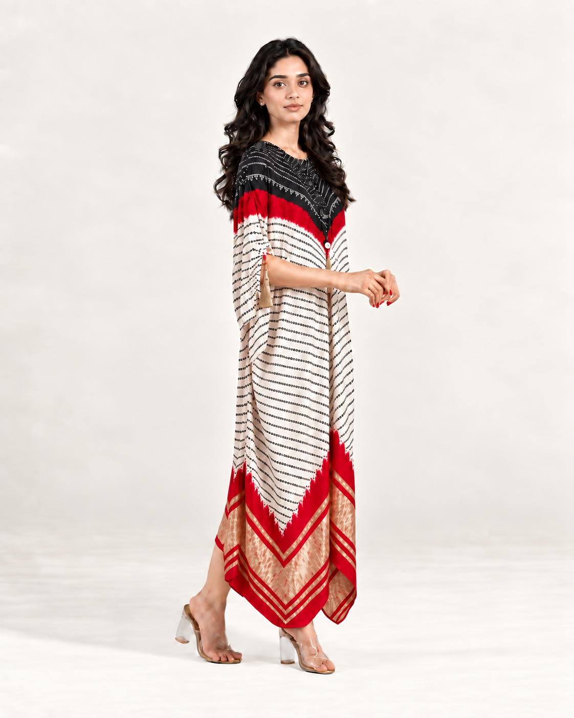 Kaftan Bandhej - Black / Red / Ivory Base