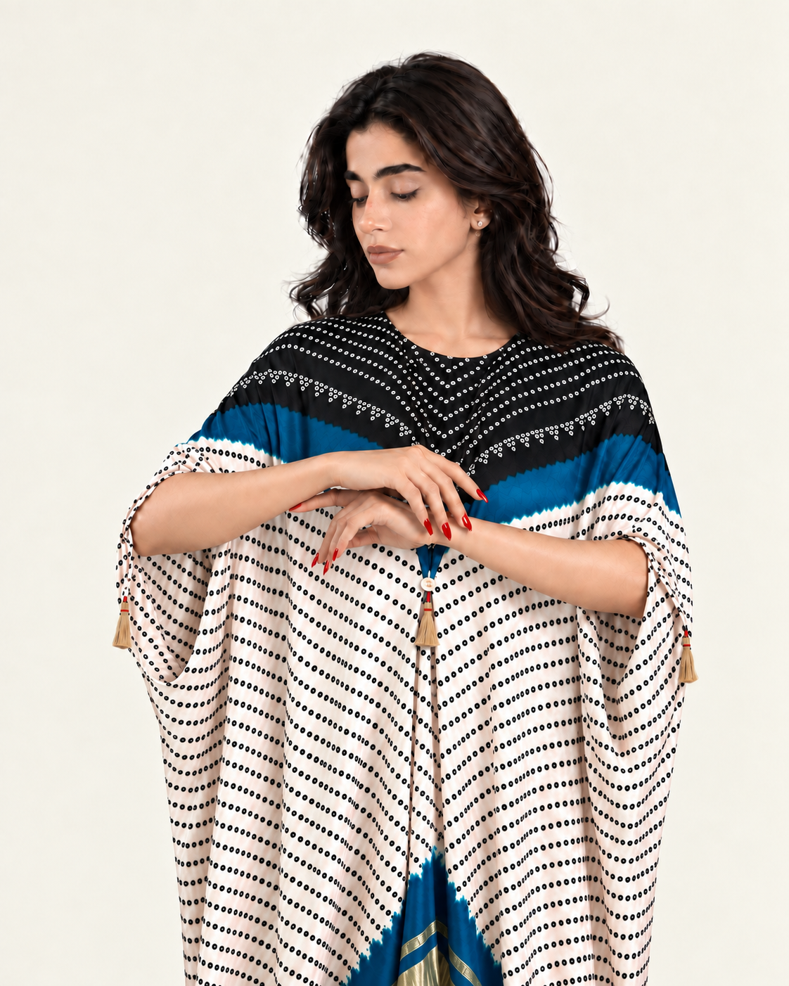 Kaftan Bandhej - Black / Teal Blue / Ivory Base