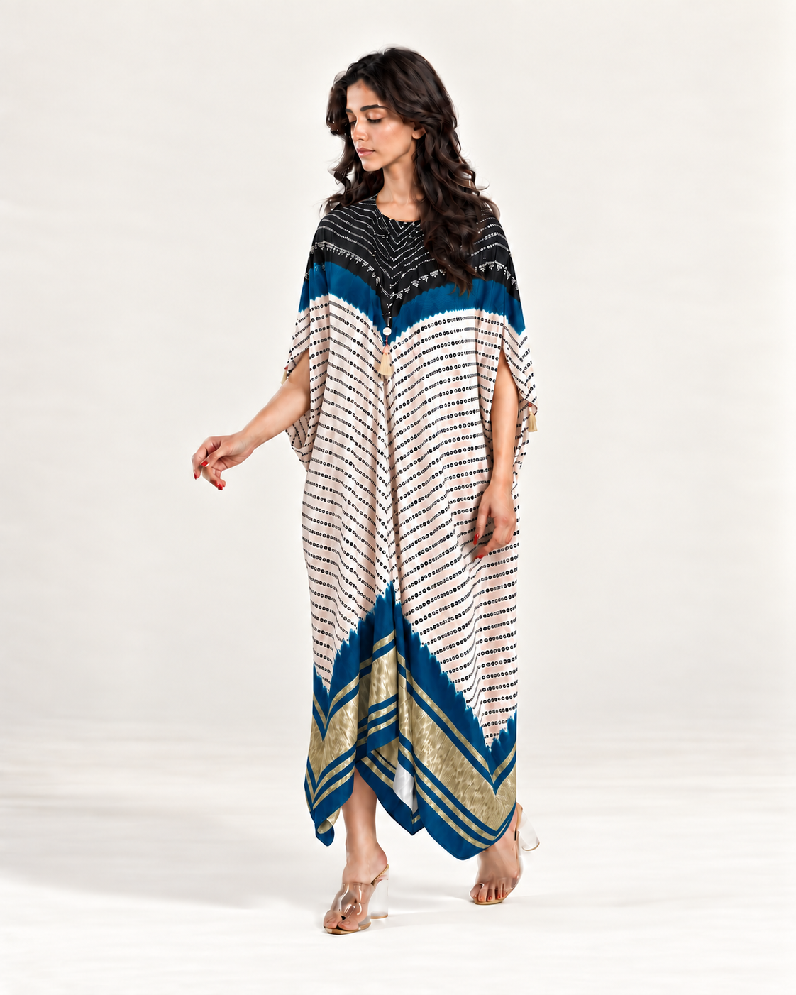 Kaftan Bandhej - Black / Teal Blue / Ivory Base