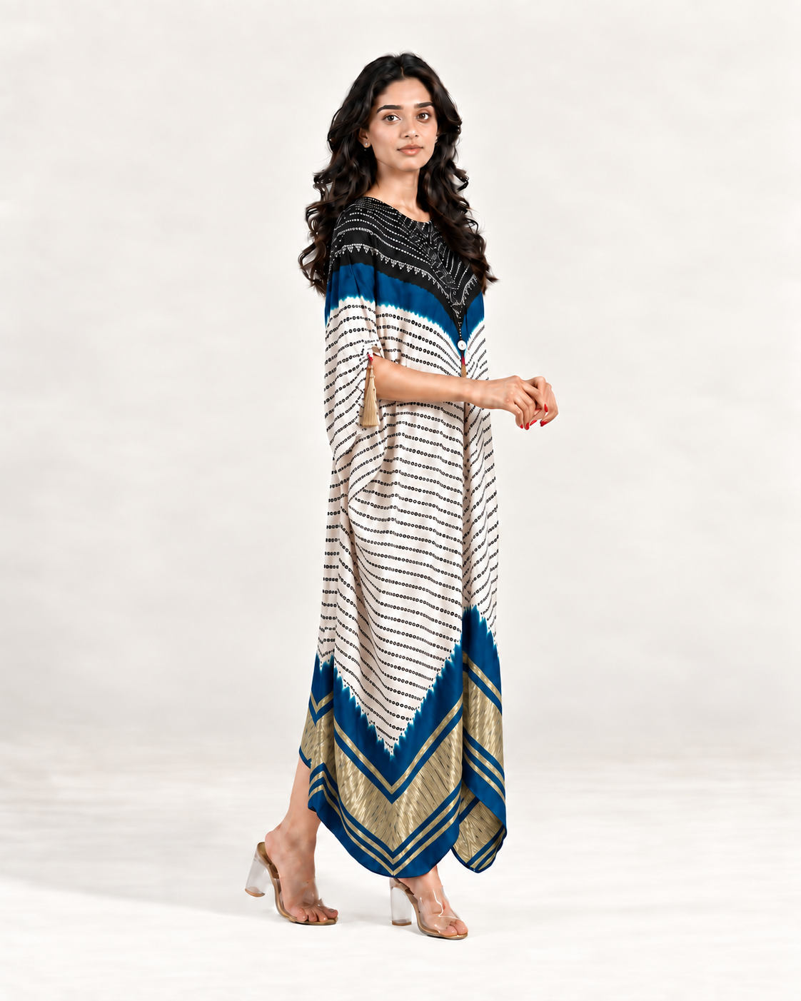 Kaftan Bandhej - Black / Teal Blue / Ivory Base