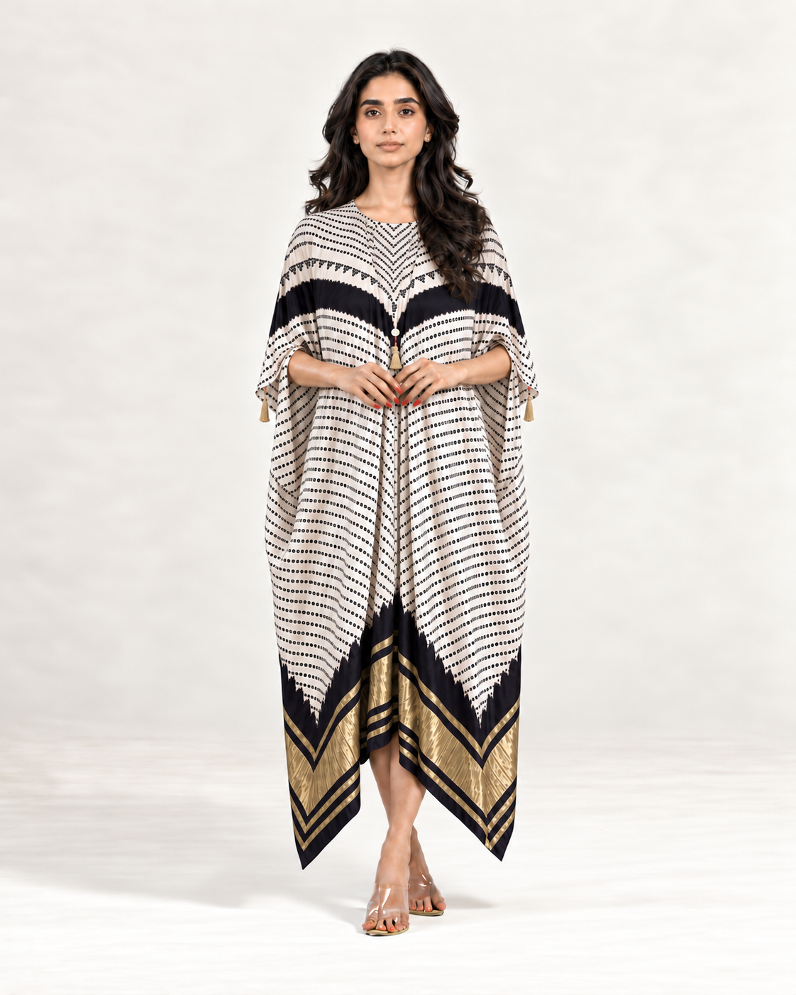 Kaftan Bandhej - Ivory / Black / Ivory Base