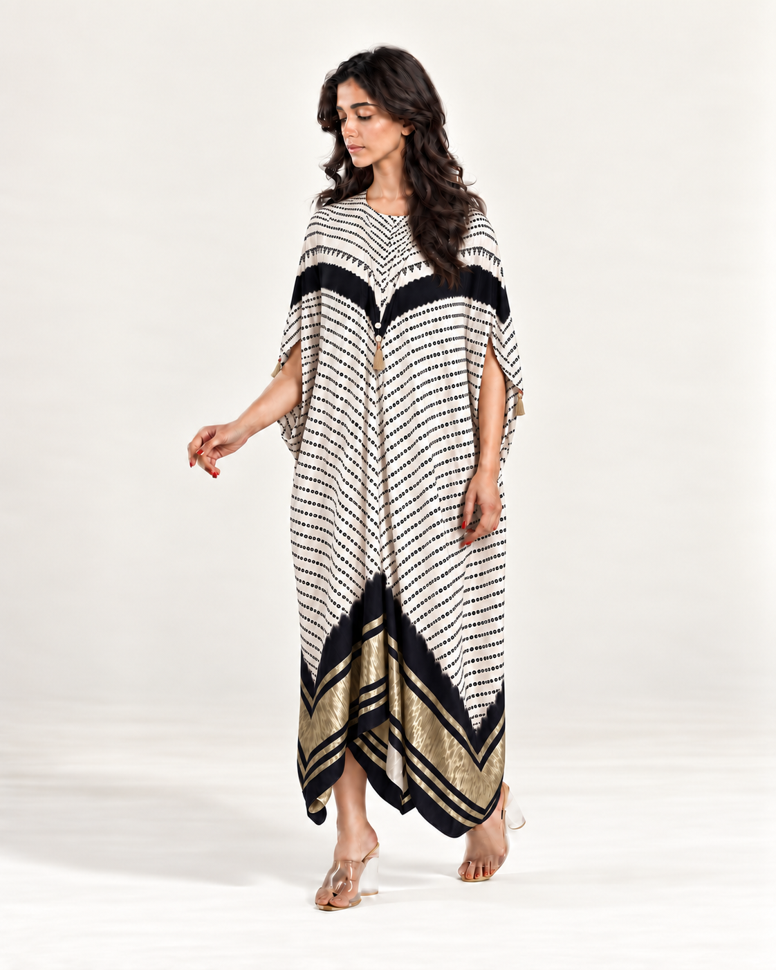 Kaftan Bandhej - Ivory / Black / Ivory Base