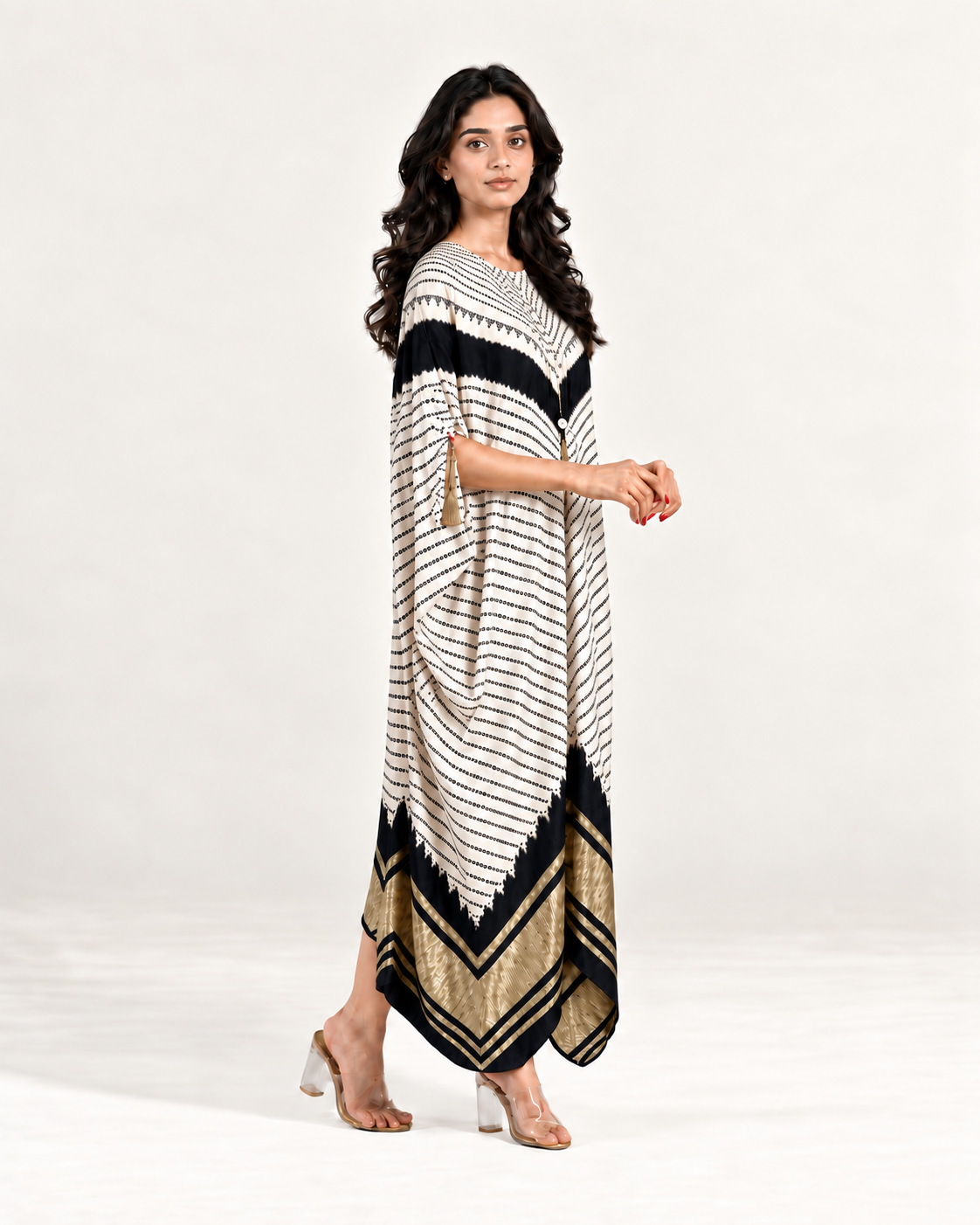 Kaftan Bandhej - Ivory / Black / Ivory Base