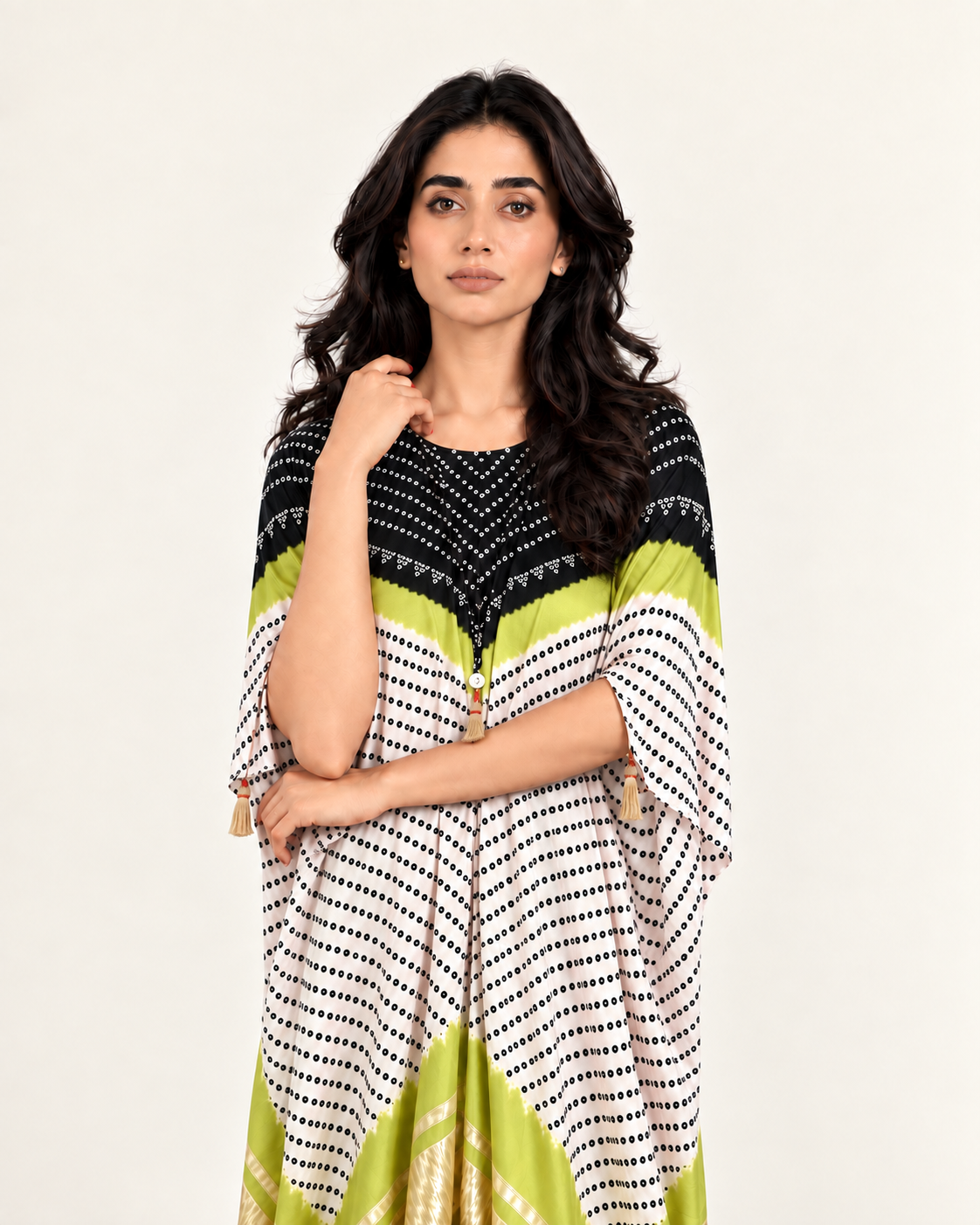 Kaftan Bandhej - Black / Lime Green / Ivory Base