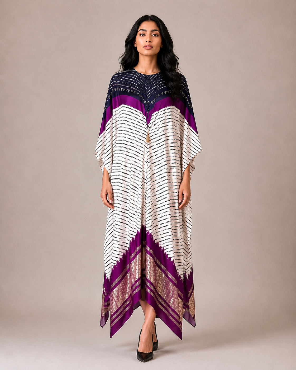 Kaftan Bandhej - Black / Purple / Ivory Base