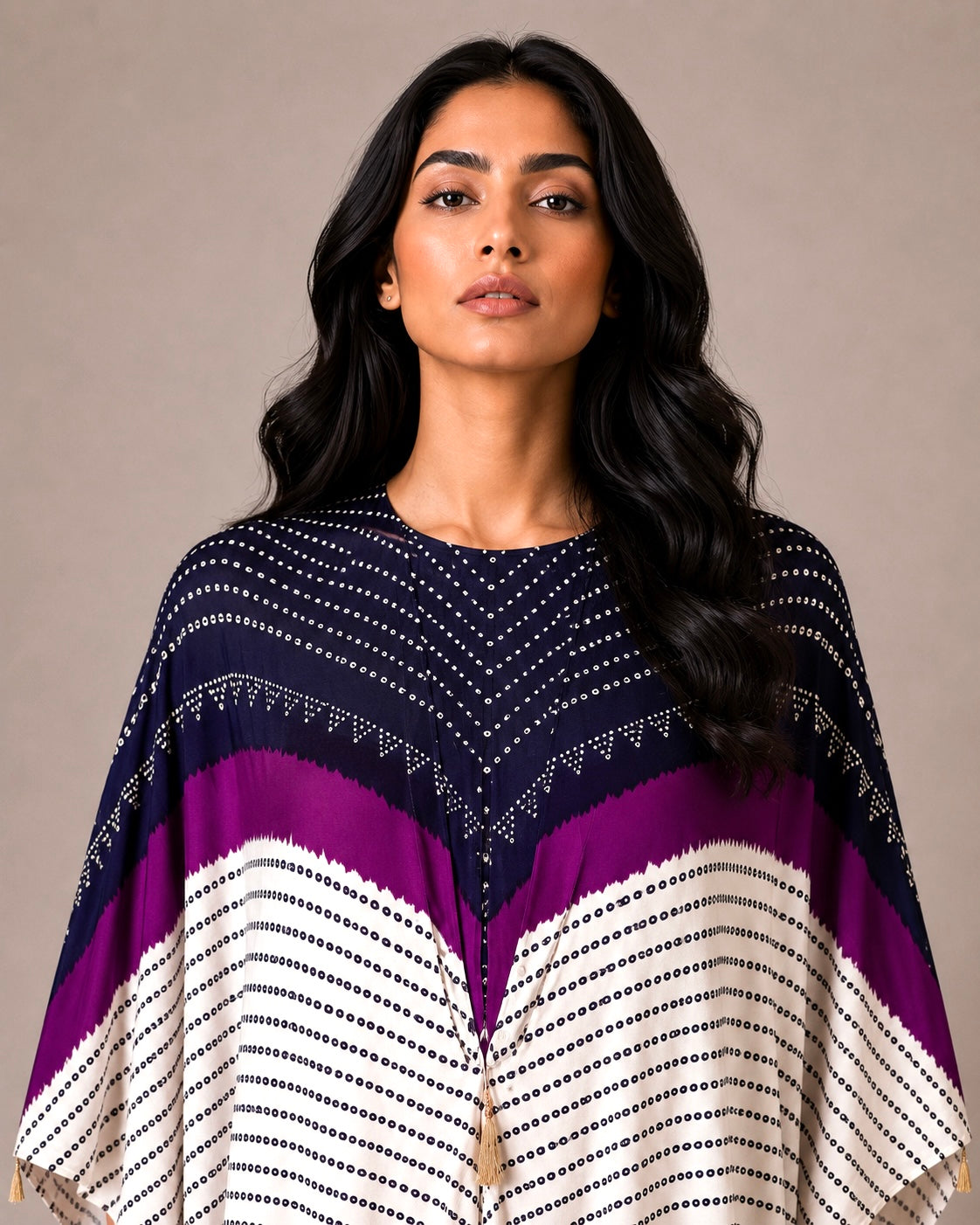 Kaftan Bandhej - Black / Purple / Ivory Base
