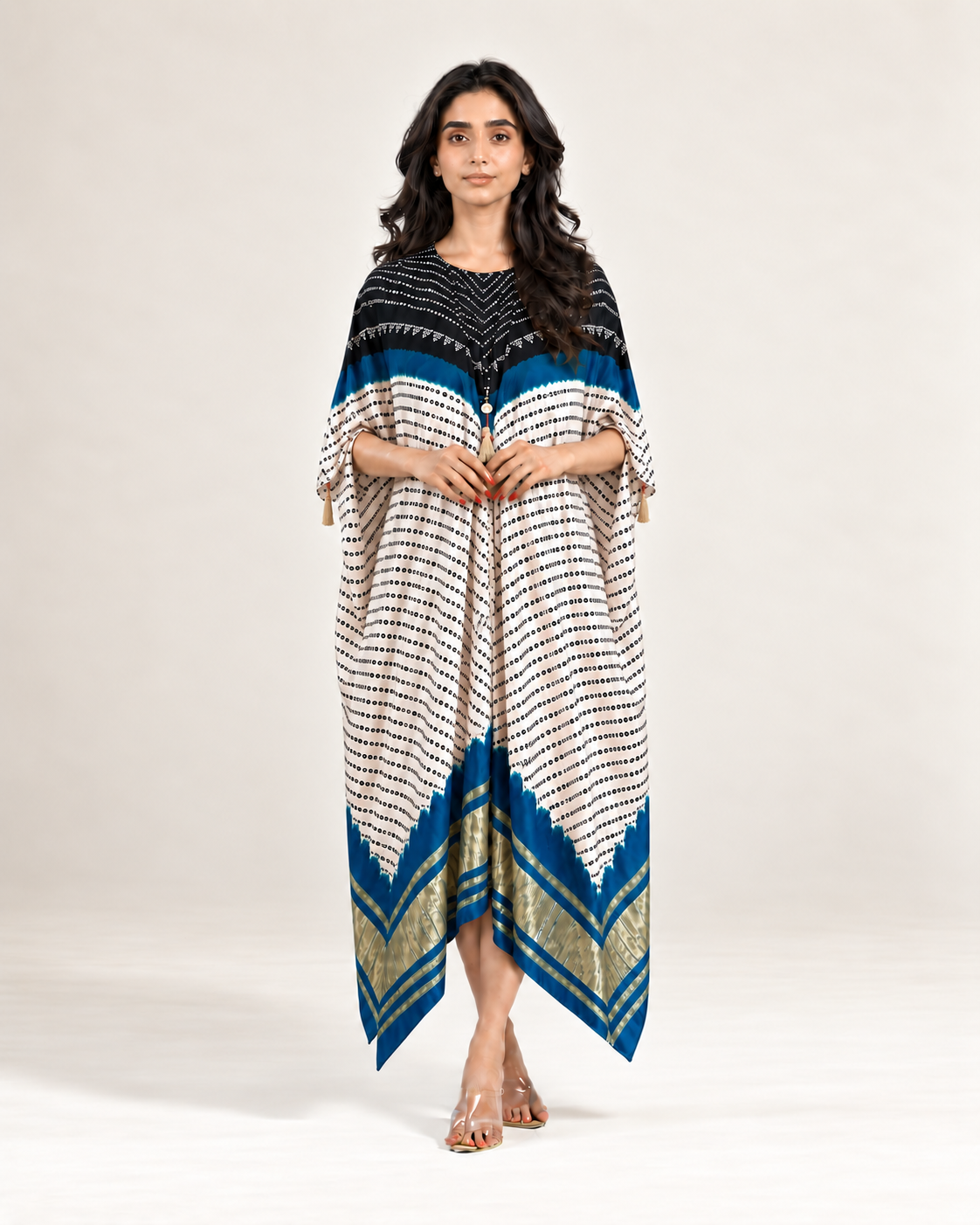 Kaftan Bandhej - Black / Teal Blue / Ivory Base