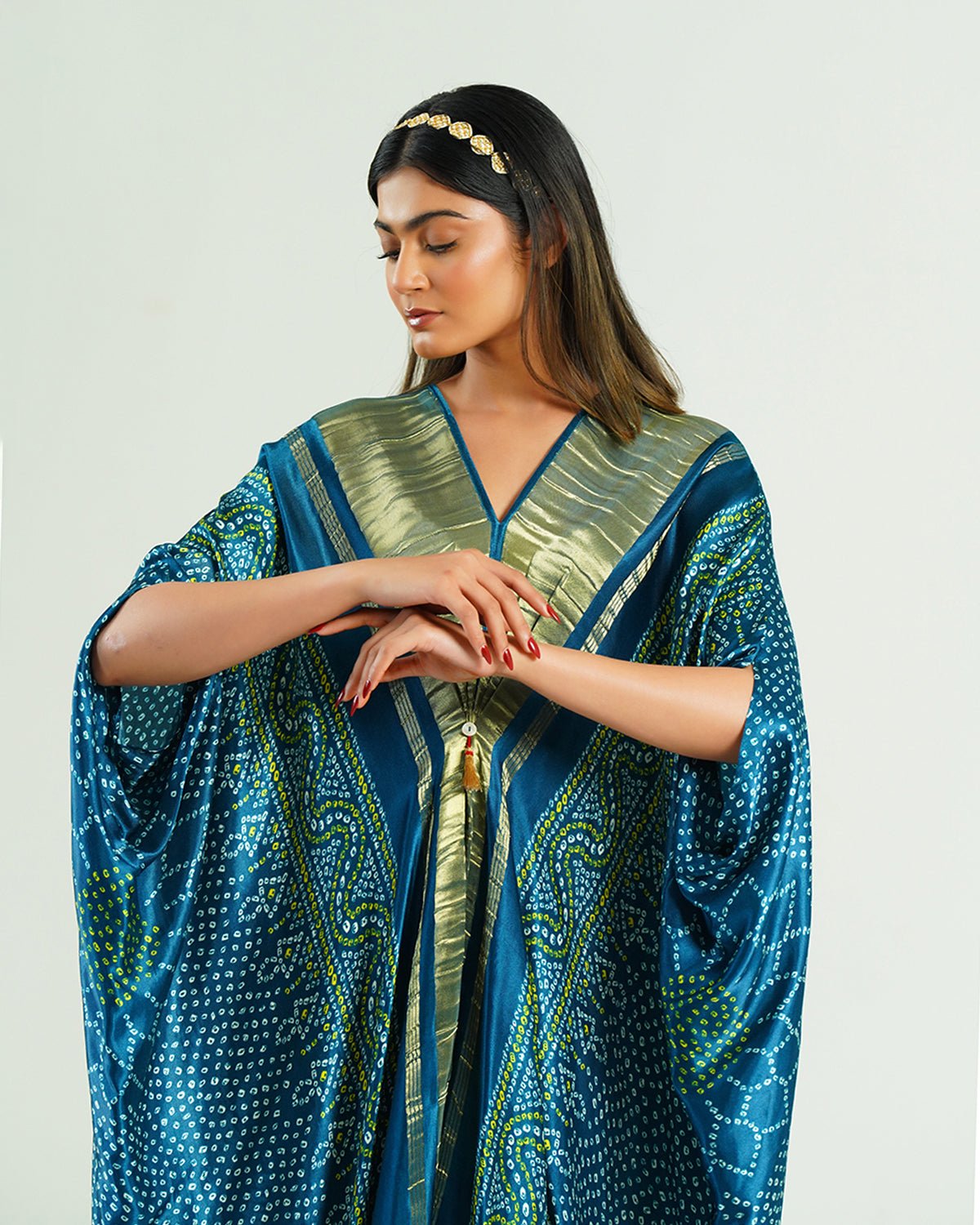 Kaftan Bandhej - Teal Blue / Gold - Mayura Kumar