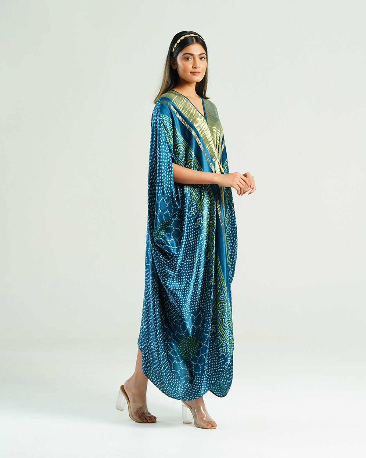 Kaftan Bandhej - Teal Blue / Gold - Mayura Kumar