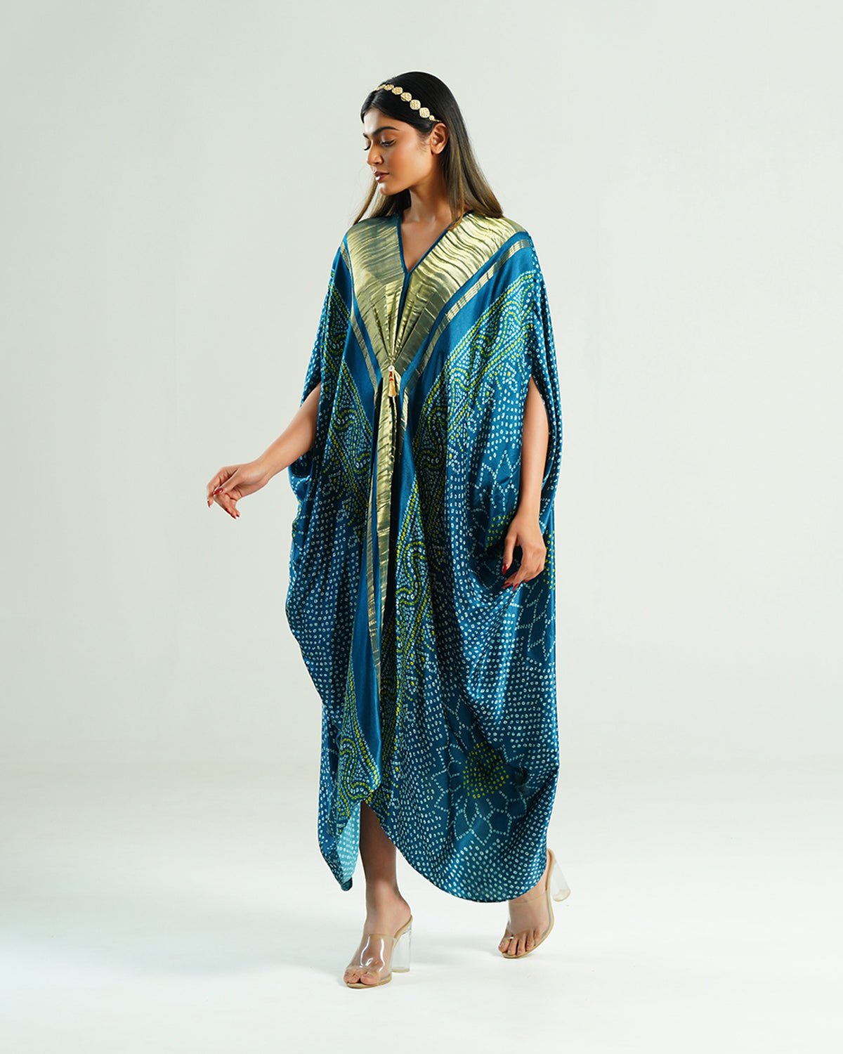Kaftan Bandhej - Teal Blue / Gold - Mayura Kumar