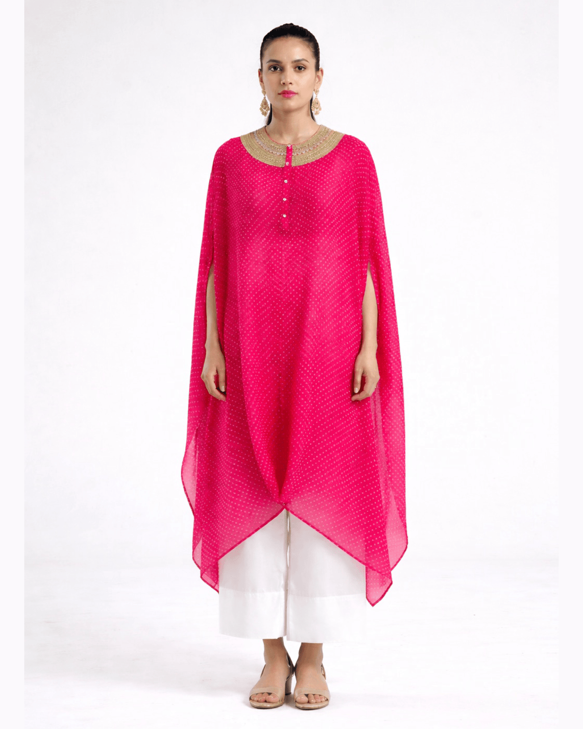 Kurta Set Bandhej - Fuchsia Pink / Ivory / Gold - Mayura Kumar