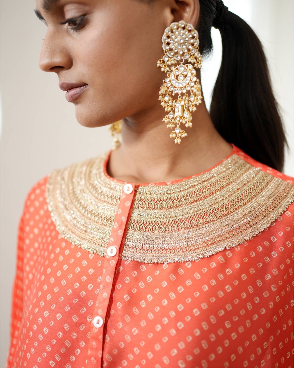 Kurta Set Bandhej - Orange / Ivory / Gold - Mayura Kumar