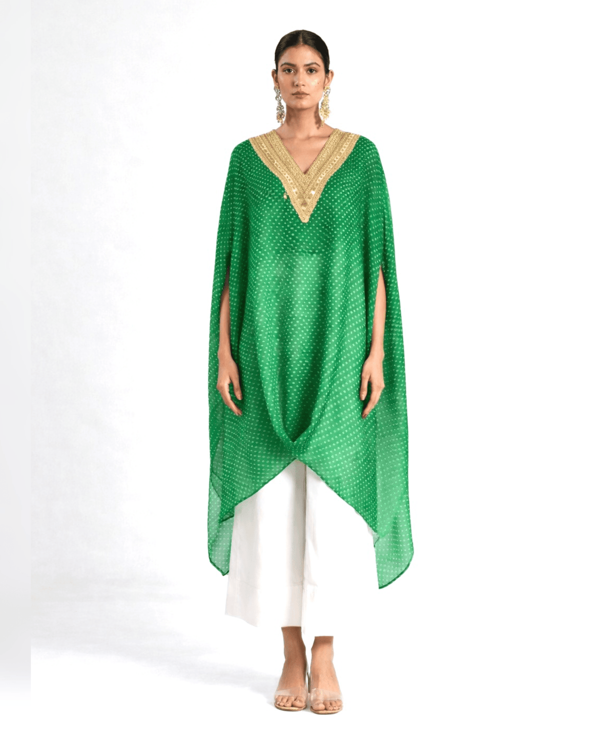 Kurta Set Bandhej - Parrot Green / Ivory / Gold - Mayura Kumar