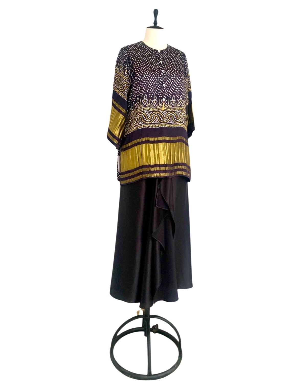Draped Skirt Kurti Set Bandhej - Black / Gold - Mayura Kumar