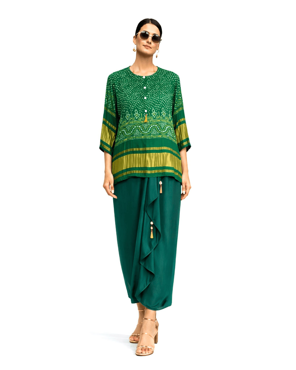 Draped Skirt Kurti Set Bandhej - Green / Gold - Mayura Kumar