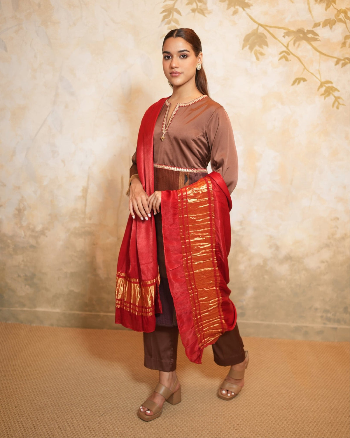 Kurta Set Ombre - Brown / Burgundy Red / Gold - Mayura Kumar