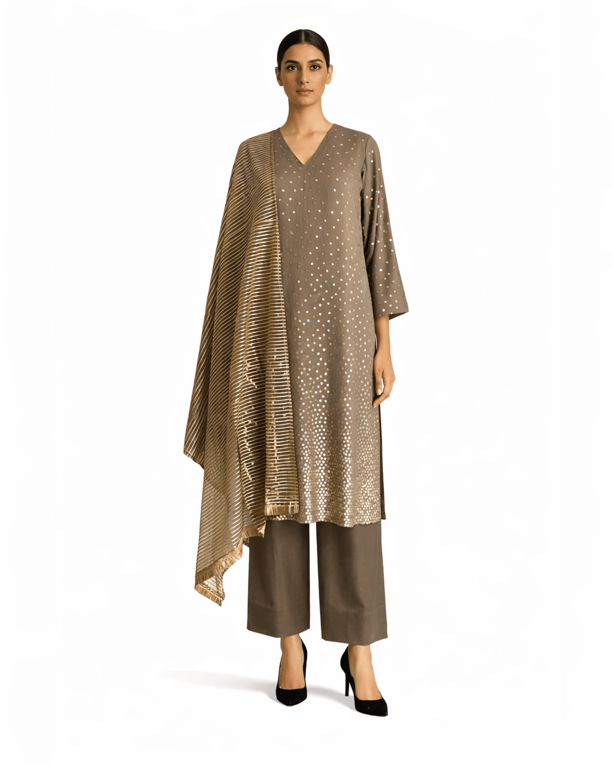 Kurta Set Sequin Stardust - Khakhi Slate / Gold / Silver - Mayura Kumar