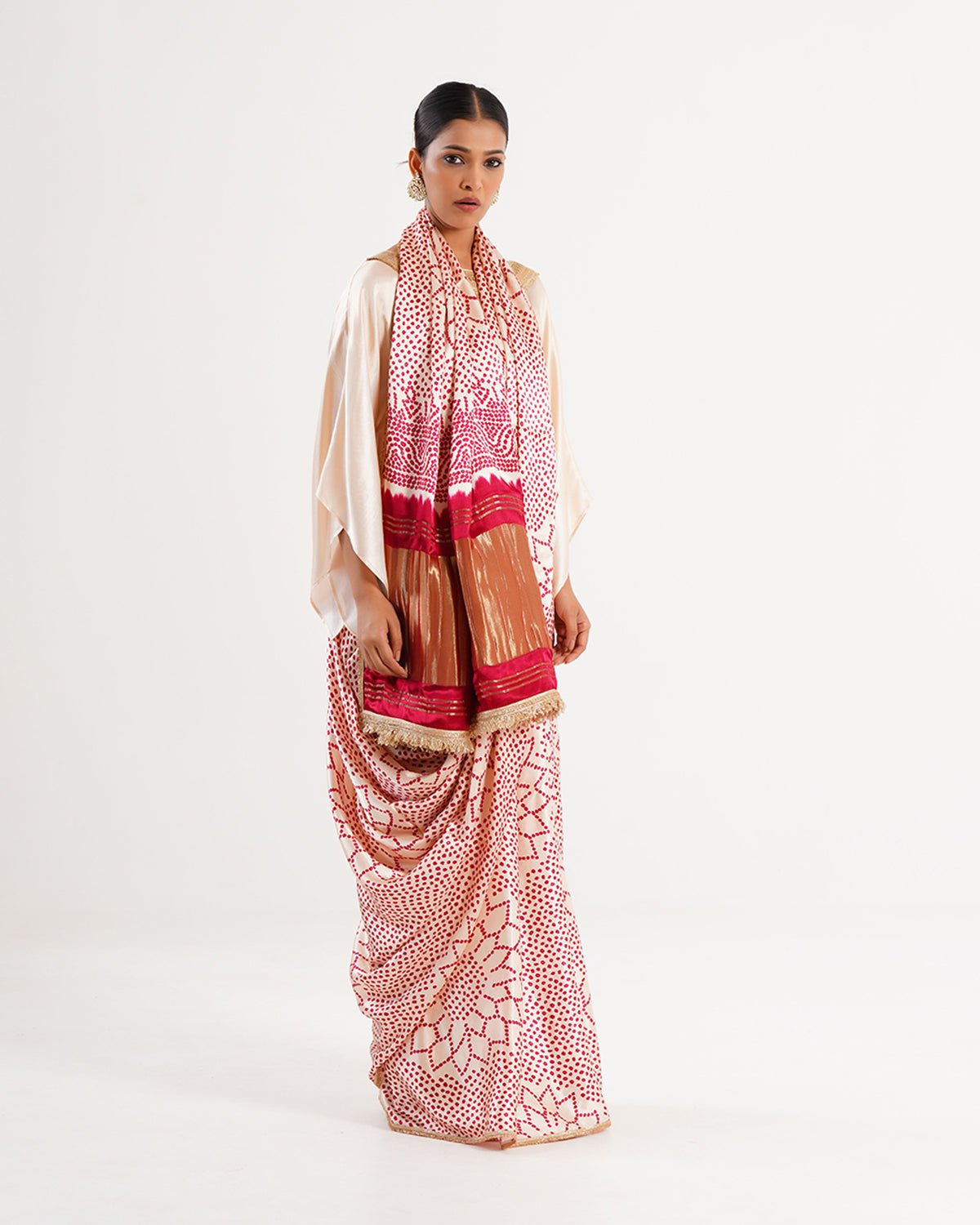 Saree Bandhej Mixology - Ivory / Red - Mayura Kumar