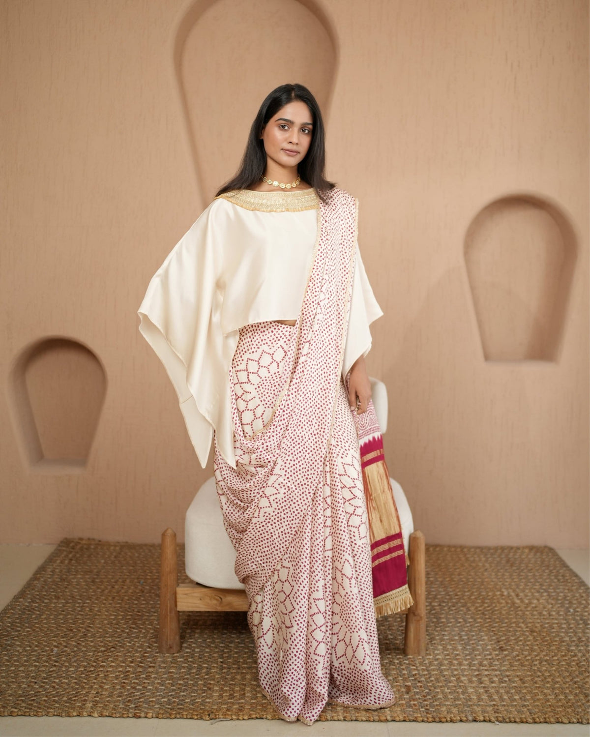 Saree Bandhej Mixology - Ivory / Red - Mayura Kumar