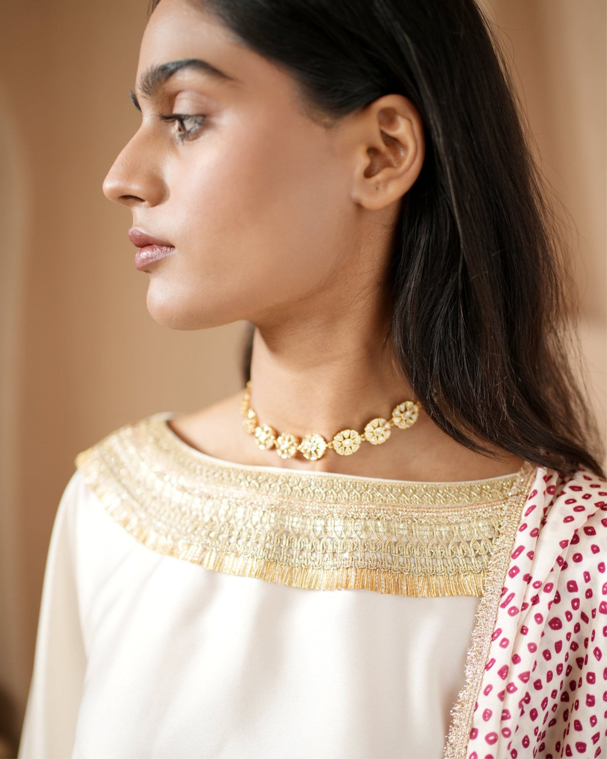 Saree Bandhej Mixology - Ivory / Red - Mayura Kumar