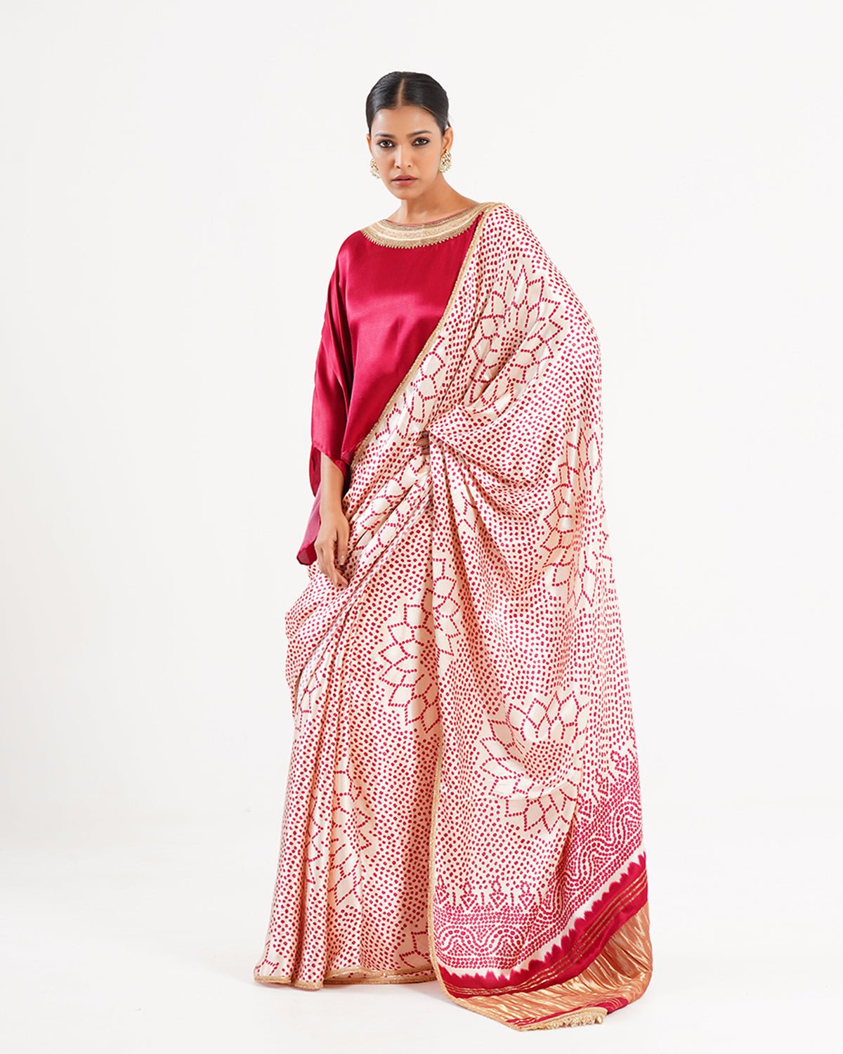 Saree Bandhej Mixology - Red / Ivory / Gold - Mayura Kumar