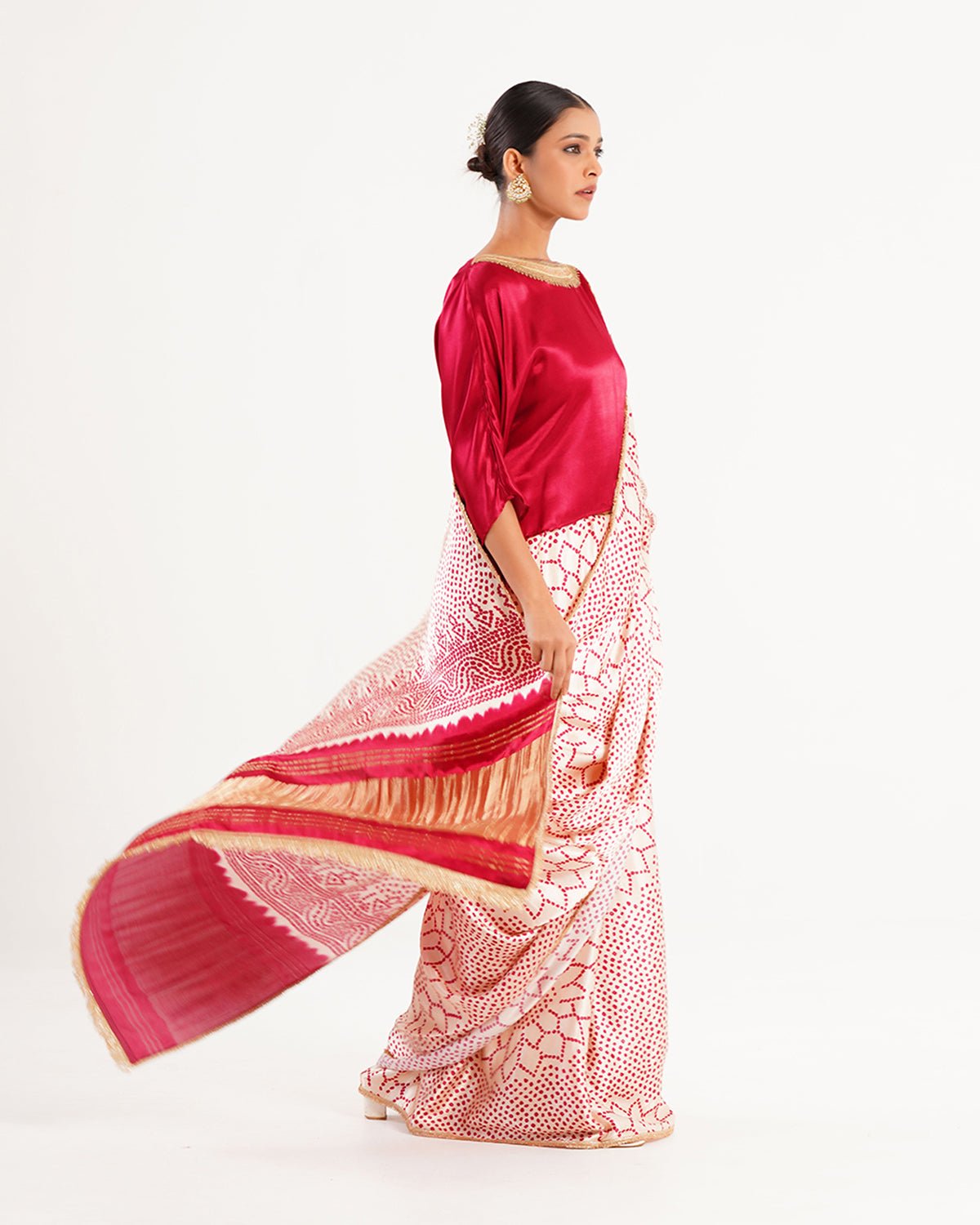 Saree Bandhej Mixology - Red / Ivory / Gold - Mayura Kumar