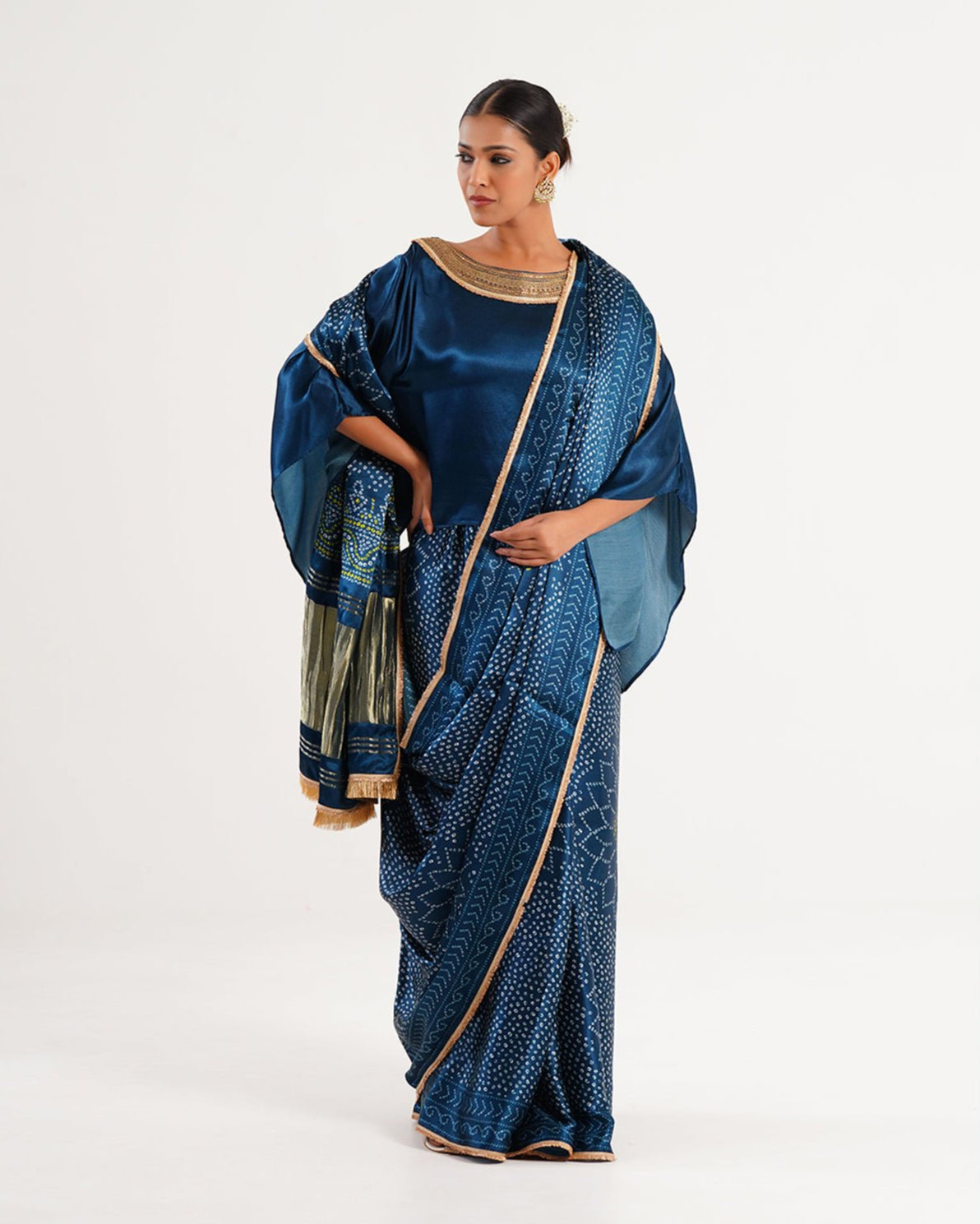 Saree Bandhej Mixology - Teal Blue / Gold - Mayura Kumar