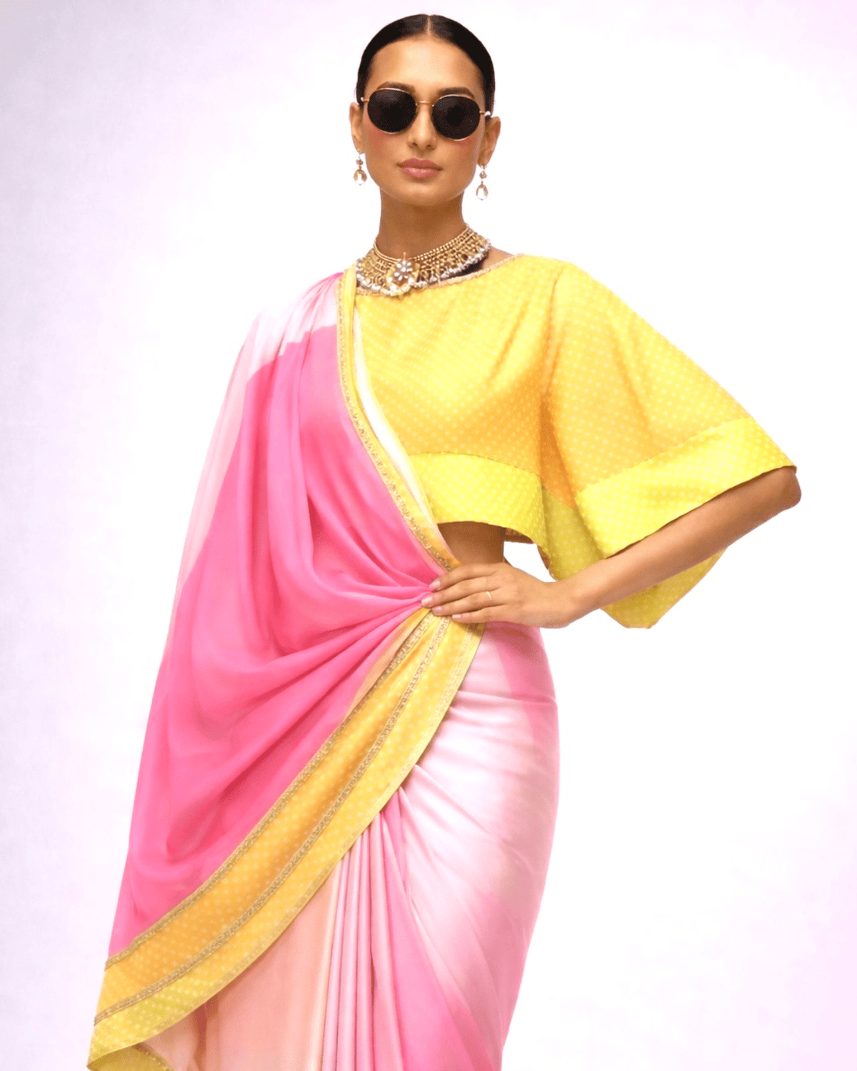 Saree Bandhej Mixology - Yellow / Lime / Pink - Mayura Kumar