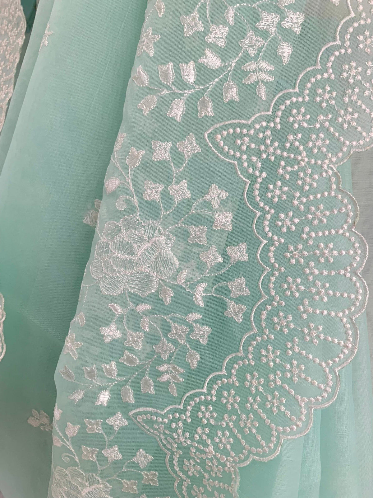 Saree Chikankari - Aquamarine /Ivory /Gold - Mayura Kumar