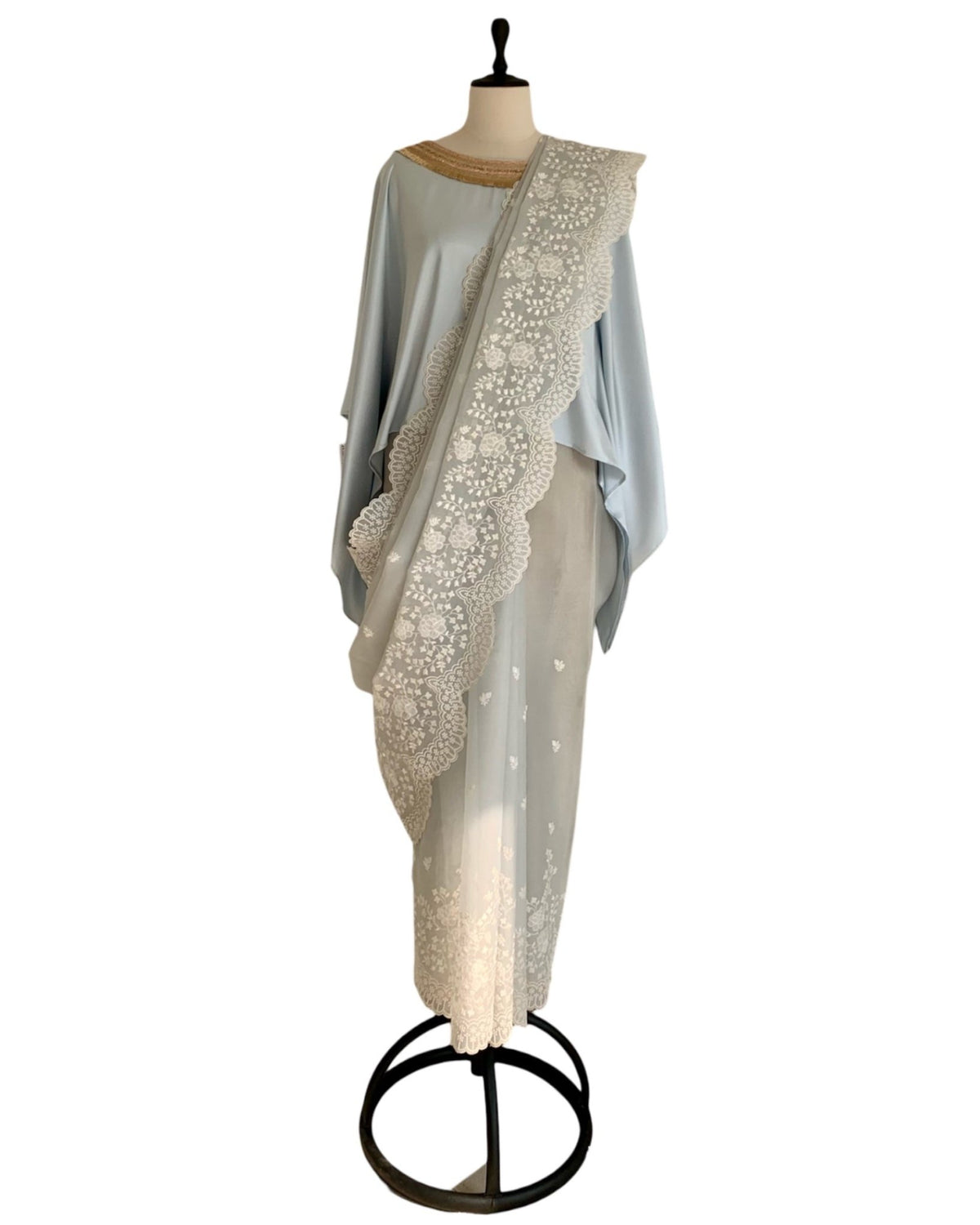 Saree Chikankari - Powder Blue Grey /Ivory /Gold - Mayura Kumar