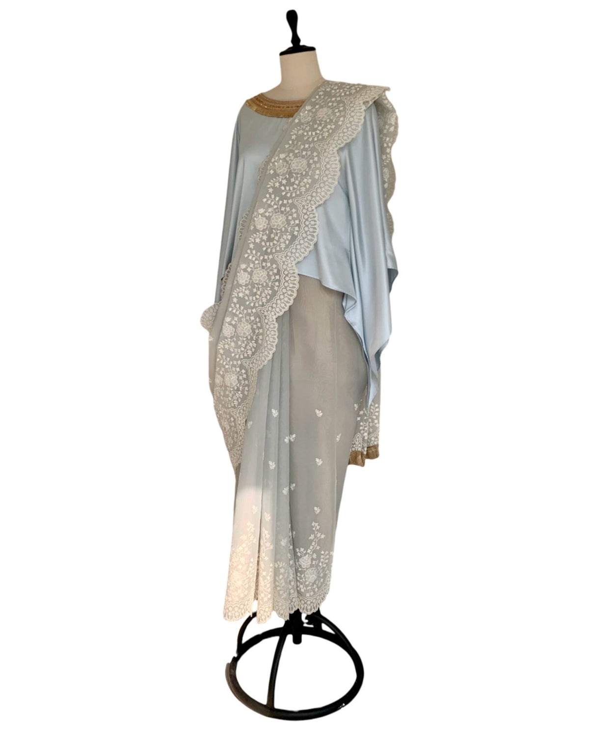 Saree Chikankari - Powder Blue Grey /Ivory /Gold - Mayura Kumar
