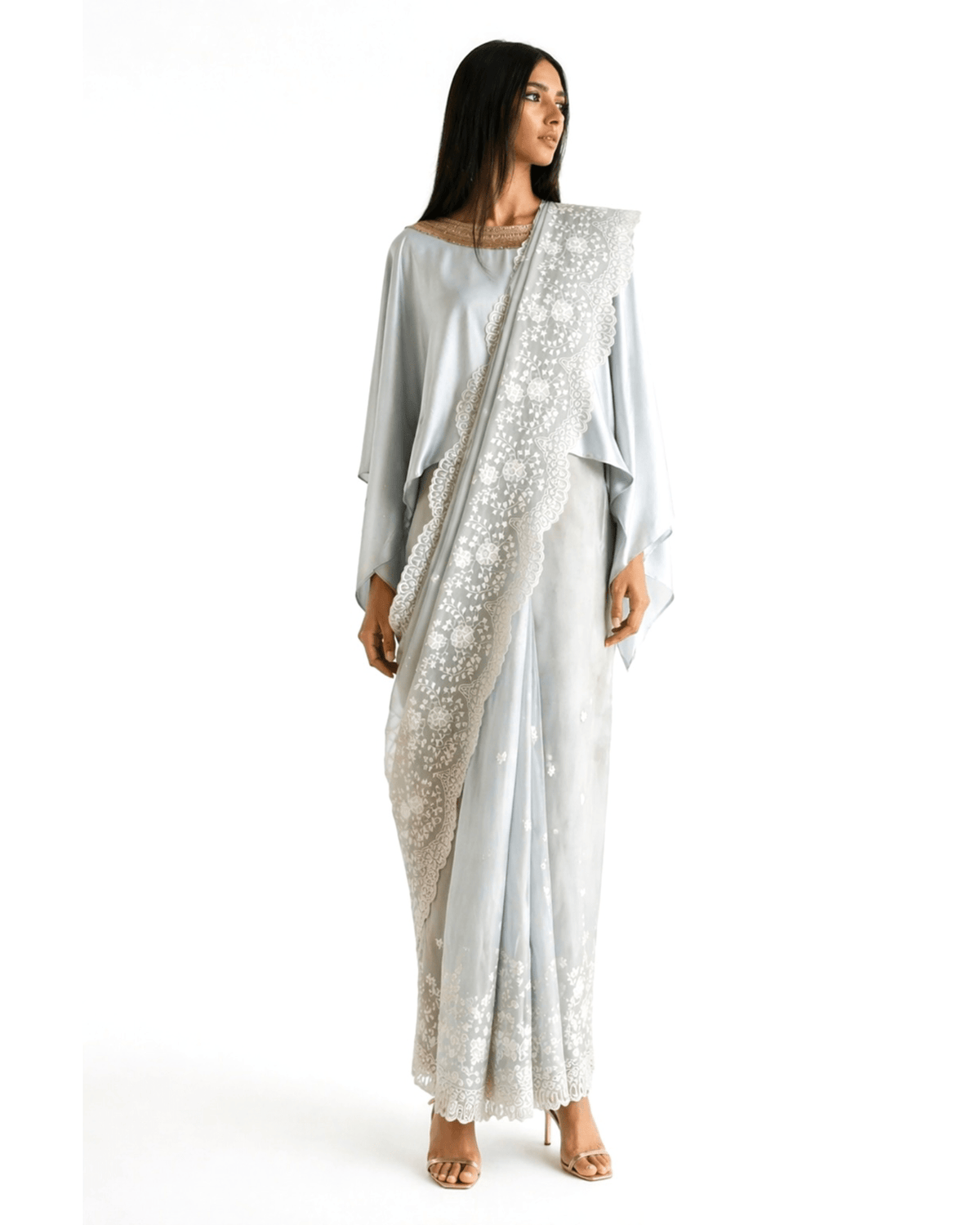 Saree Chikankari - Powder Blue Grey /Ivory /Gold - Mayura Kumar