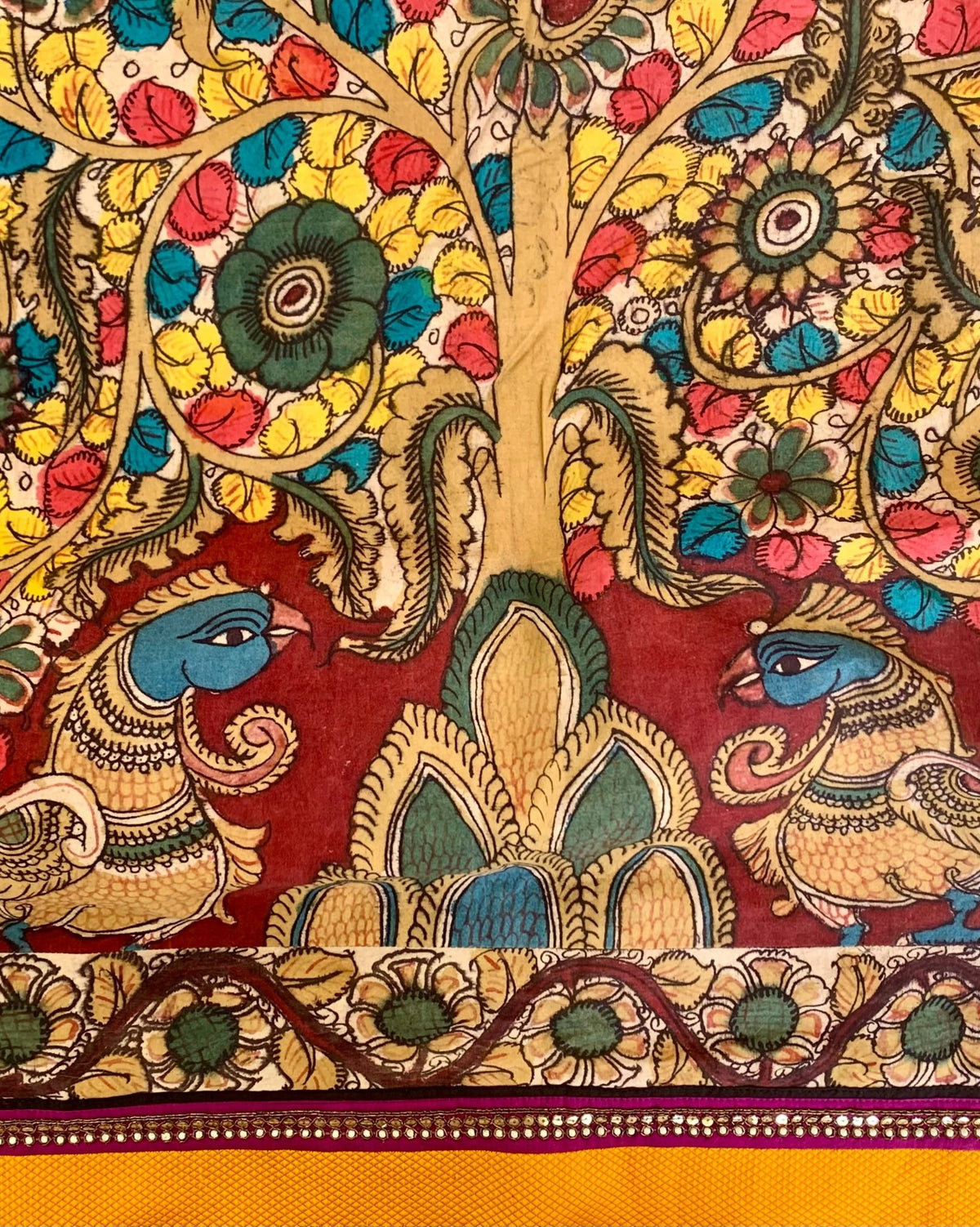 Saree Kalamkari - Peach / Purple / Mustard - Mayura Kumar