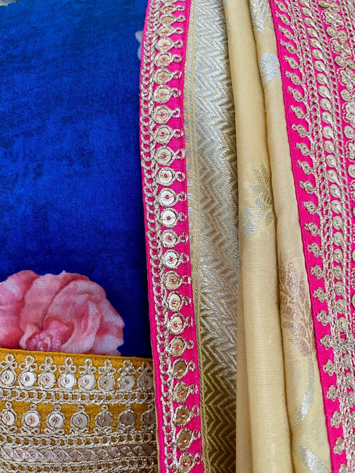 Saree Banarasi Floral - Lemon / Blue / Fuchsia - Mayura Kumar