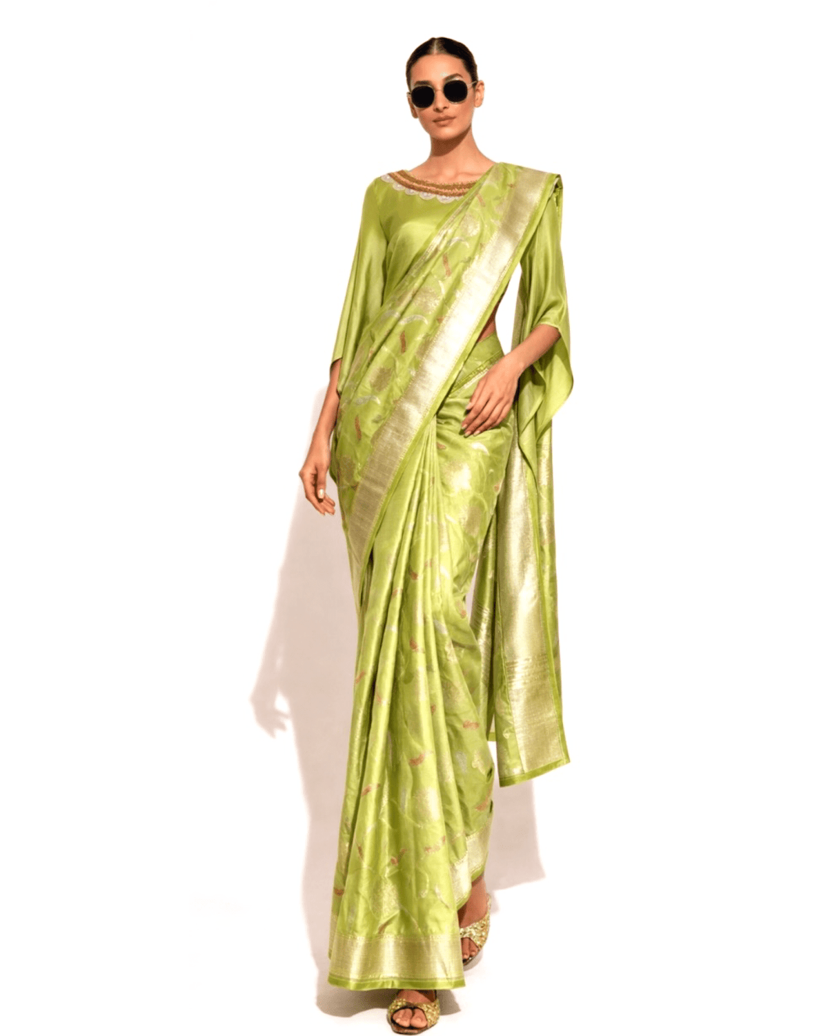 Saree Banarasi - Lime Green / Gold / Silver - Mayura Kumar