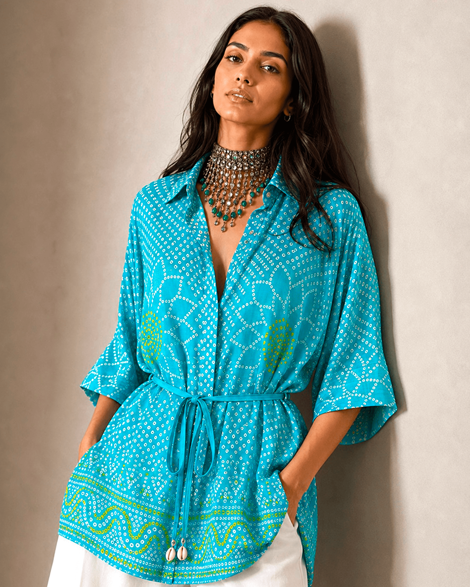 Shirt Kimono Bandhej - Aquamarine - Mayura Kumar
