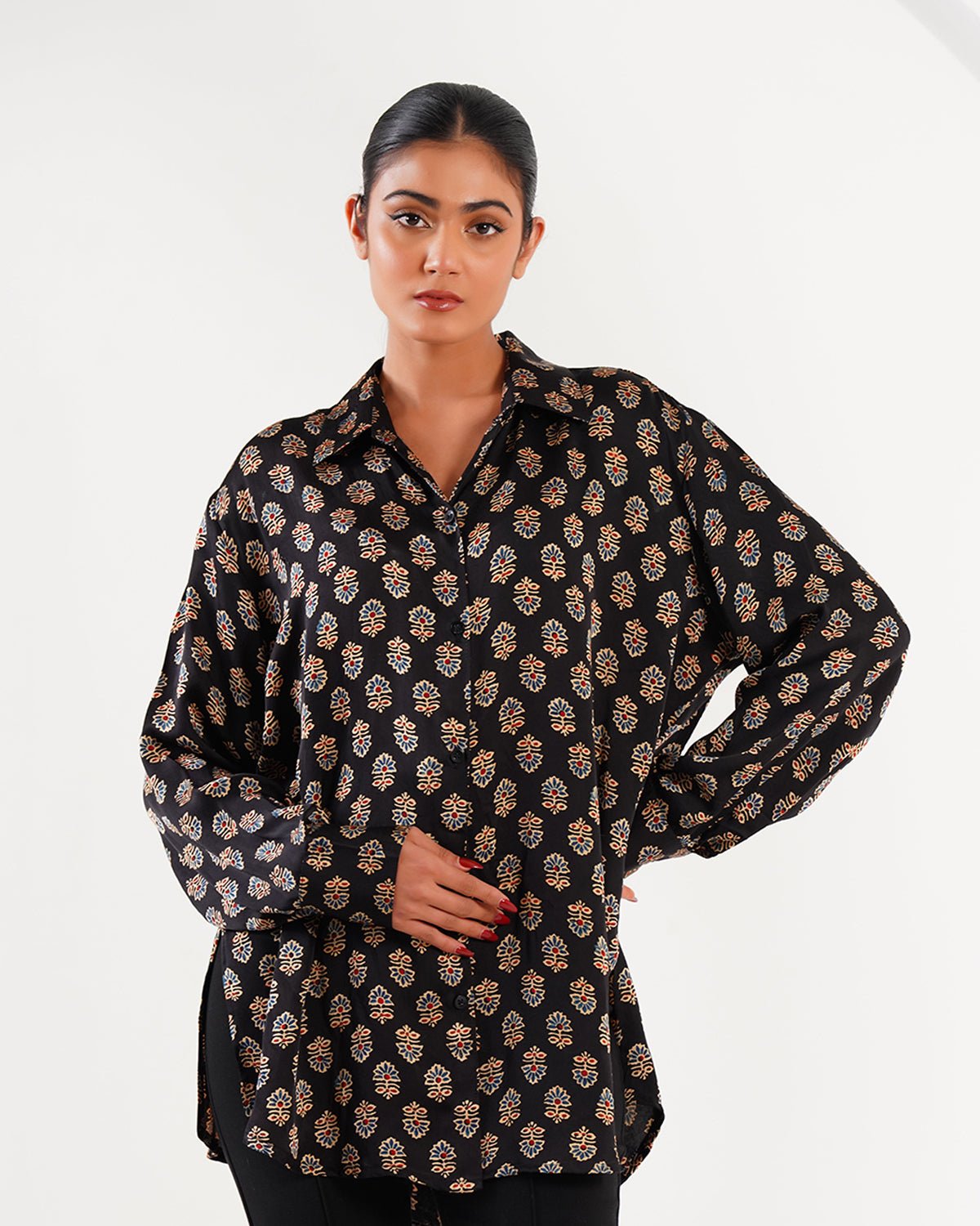 Ajrakh Flower Block Print Set - Black - Mayura Kumar