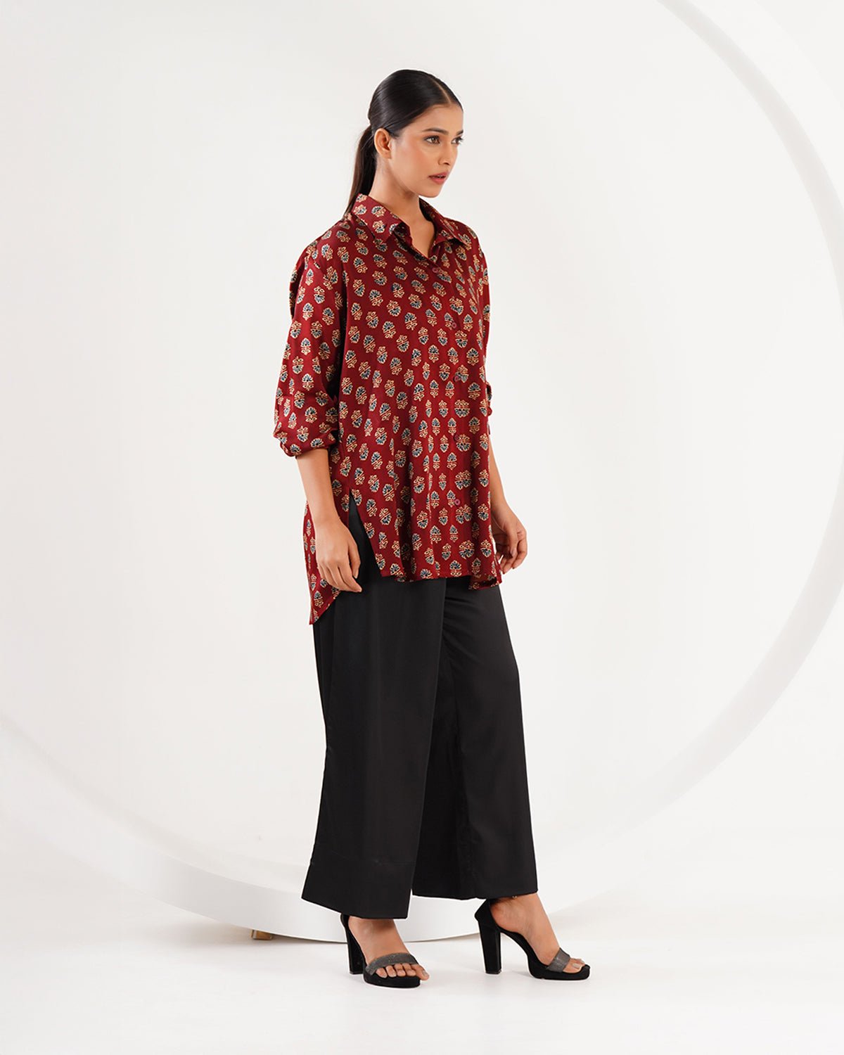 Ajrakh Flower Block Print Set - Burgundy /Black - Mayura Kumar