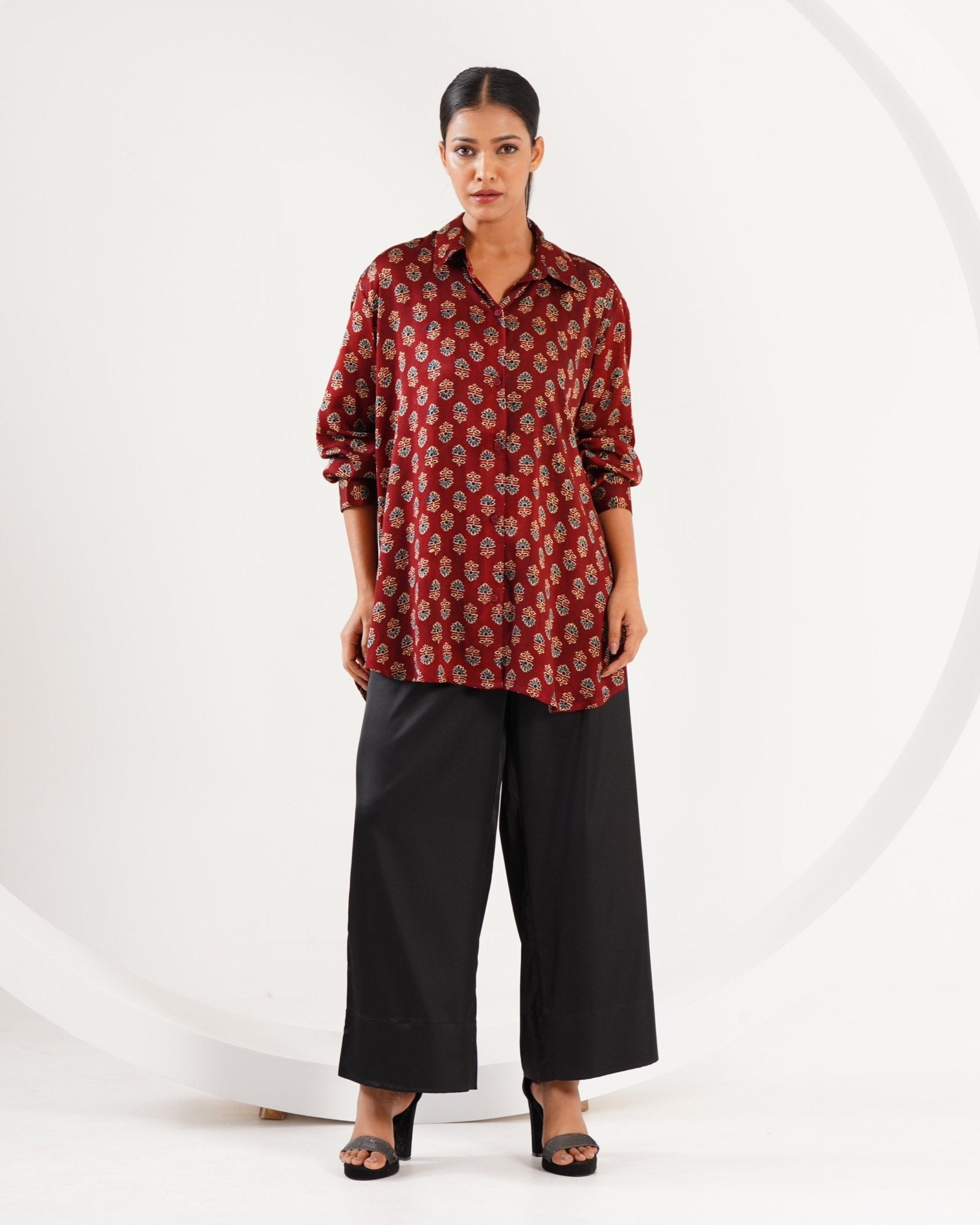 Ajrakh Flower Block Print Set - Burgundy /Black - Mayura Kumar