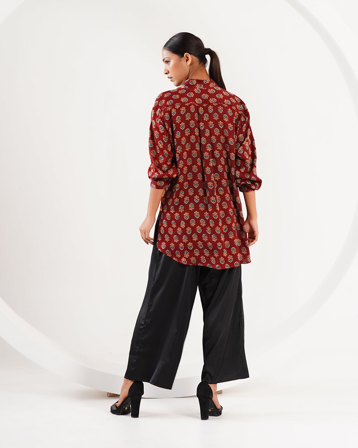 Ajrakh Flower Block Print Set - Burgundy /Black - Mayura Kumar