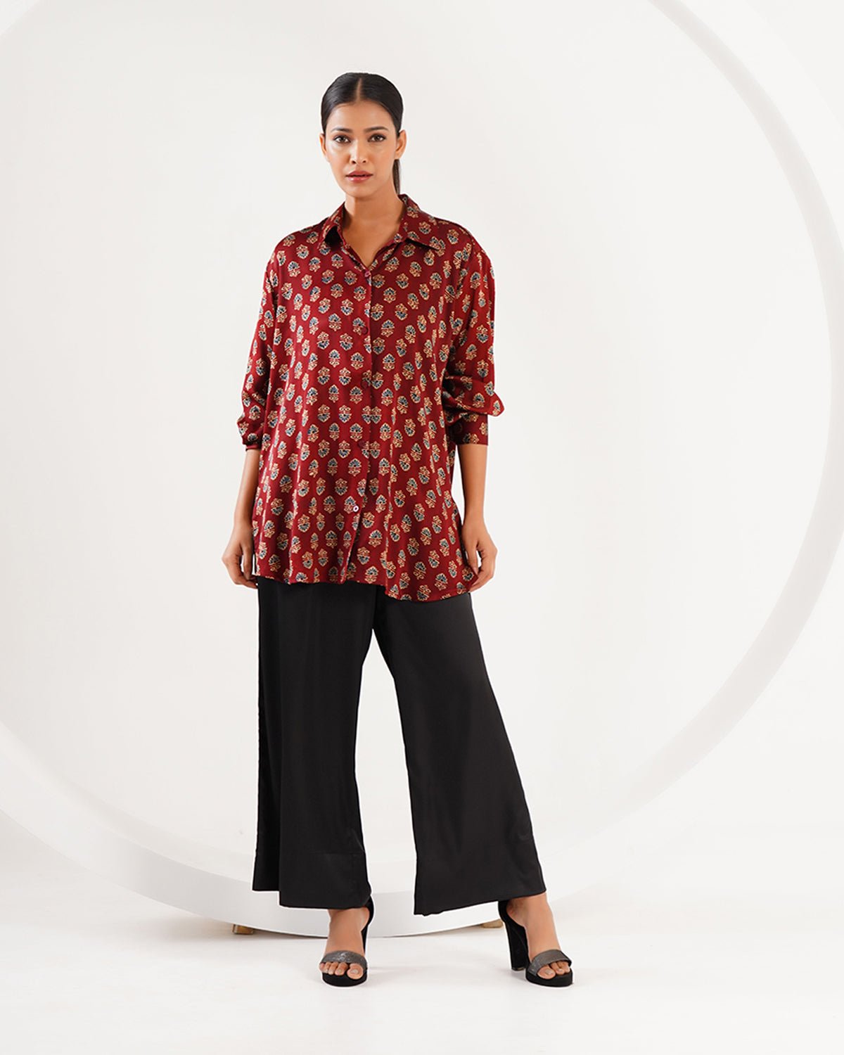 Ajrakh Flower Block Print Set - Burgundy /Black - Mayura Kumar
