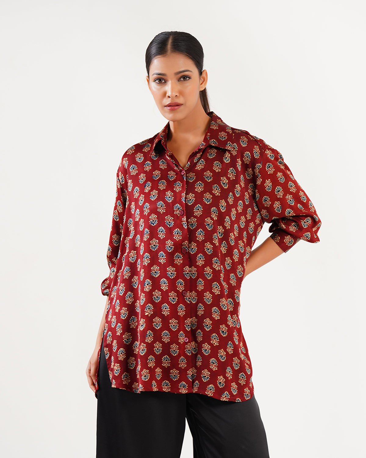 Ajrakh Flower Block Print Set - Burgundy /Black - Mayura Kumar